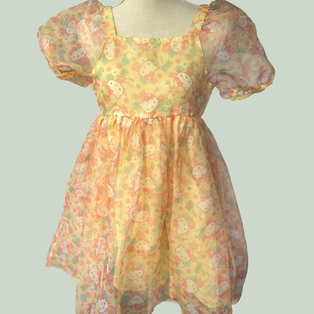 Hello Kitty Sanrio Yellow Floral Organza Puff Sleeve Dress Girls XL 14/16